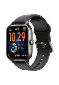 Smartwatch met een rechthoekig touchscreen, zwart siliconen bandje, zilverkleurige metalen accenten, dat tijd, hartslag en fitnessgegevens weergeeft.