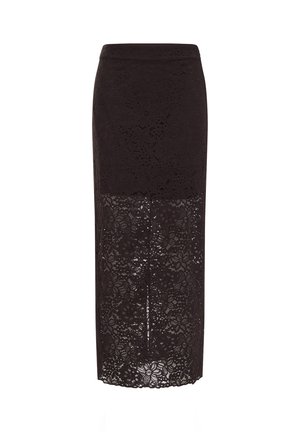 Črno, visoko pasno krilo v obliki svinčnika z vzorcem cvetlične čipke, ki ima zgornjo polovico iz trdne tkanine in spodnjo polovico iz polprosojne čipke.