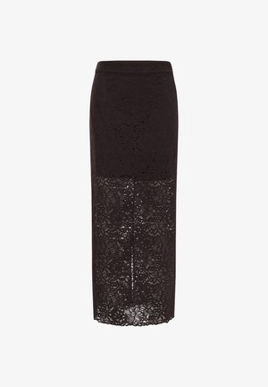 Fekete, magas derekú ceruzaszoknya virágos csipkemintával, amelynek a felső fele egyszínű, míg az alsó fele félig átlátszó csipkéből készült.