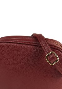 Rote Umhängetasche aus genarbtem Leder mit einem Reißverschluss oben, einem schmalen Schulterriemen und Details aus goldfarbenem Metall.