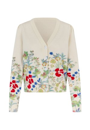 Cremefarbener Cardigan mit floraler Stickerei in Rot, Blau und Grün. Verfügt über einen V-Ausschnitt, Knopfverschluss sowie gerippte Bündchen und Saum.