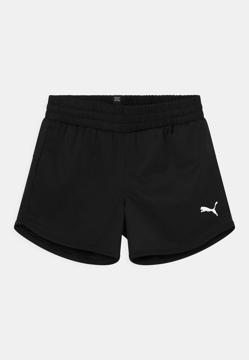Pantalones cortos deportivos negros, cortos, con cinturilla elástica, que presentan una textura suave y un logo blanco de Puma en la parte inferior derecha.
