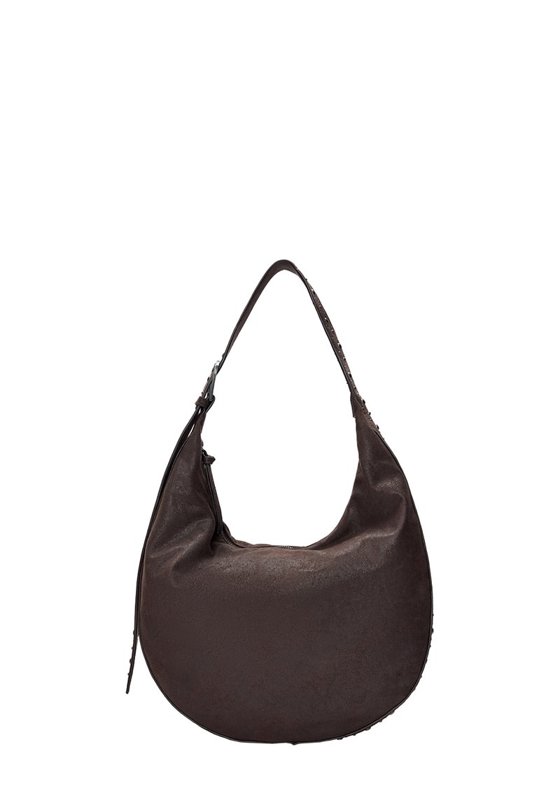 Braune Leder-Hobo-Tasche mit geschwungener Form, weicher Textur und einem einzelnen Schulterriemen. Verfügt über dezente Nähte entlang der Kanten.