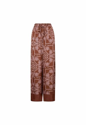 Smeđe široke hlače s bijelim paisley i geometrijskim uzorkom, elastičnim pojasom i vezicom sprijeda.