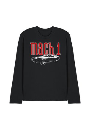 Schwarzes langärmliges Hemd mit rotem "mach 1"-Text über einer weißen und schwarzen Grafik eines klassischen Muscle-Cars.