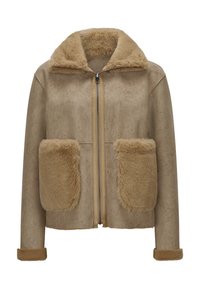 Beige Kunstpelzjacke mit Reißverschluss, großen Fronttaschen und einem gemütlichen Kragen. Strukturiertes Außenmaterial mit weicher Oberfläche.