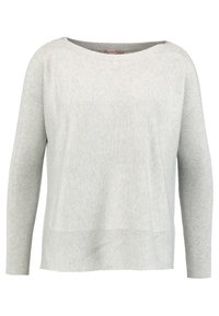Hellgrauer Pullover aus weichem Strickmaterial, mit weitem, abgerundetem Ausschnitt, langen Ärmeln mit geripptem Textur, kastenförmigem Schnitt und einem subtilen Glanz.