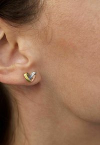 Hjärtformade örhängen med guld- och silverfinish, som visar en polerad yta med en kontrasterande design.