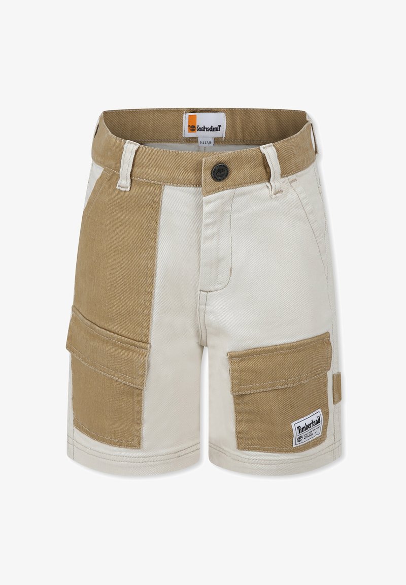Pantaloni cargo in cotone color sabbia e bianco sporco, dotati di tasche laterali doppie, chiusura con bottone e etichetta Timberland sul retro.