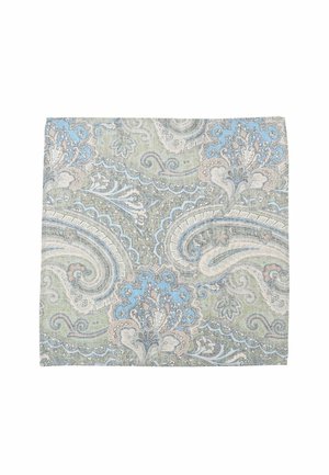 Paisley-patterned fabric in green, blue, and cream. Features intricate floral designs with flowing curves and a textured finish.