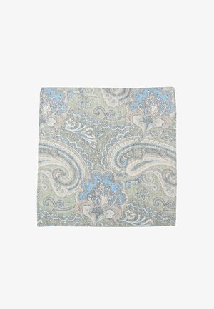 Paisley-patterned fabric in green, blue, and cream. Features intricate floral designs with flowing curves and a textured finish.