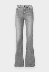 Jean en denim gris taille haute avec une légère évasement en bas et un design classique à cinq poches.