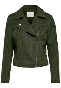Veste de biker en suédine olive avec fermeture éclair, col cranté et épaulettes ; présente des rayures verticales sur les manches.