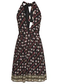 Czarna sukienka na szyję typu halter z głębokim dekoltem w kształcie litery V, ozdobiona geometrycznym wzorem w białym i bordowym kolorze. Zawiera wzorzysty pas na dole sukienki.