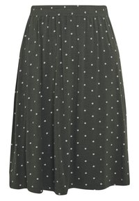 Jupe verte, longueur genoux, en tissu doux, avec des pois blancs et une taille élastique pour le confort. Silhouette évasée.
