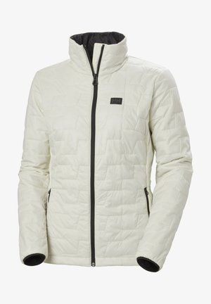 Lightweight, cream-colored jacket with a quilted pattern, high collar, and black zip closure and accents. Two side pockets.