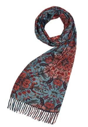Sciarpa decorata con una base teal e motivi floreali e animali in tonalità di rosso e marrone, rifinita con bordi frangiati.