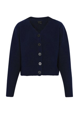 Marineblauwe cropped cardigan van zacht breiwerk, met een V-hals en zes zwarte knopen aan de voorkant, en geribde manchetten.