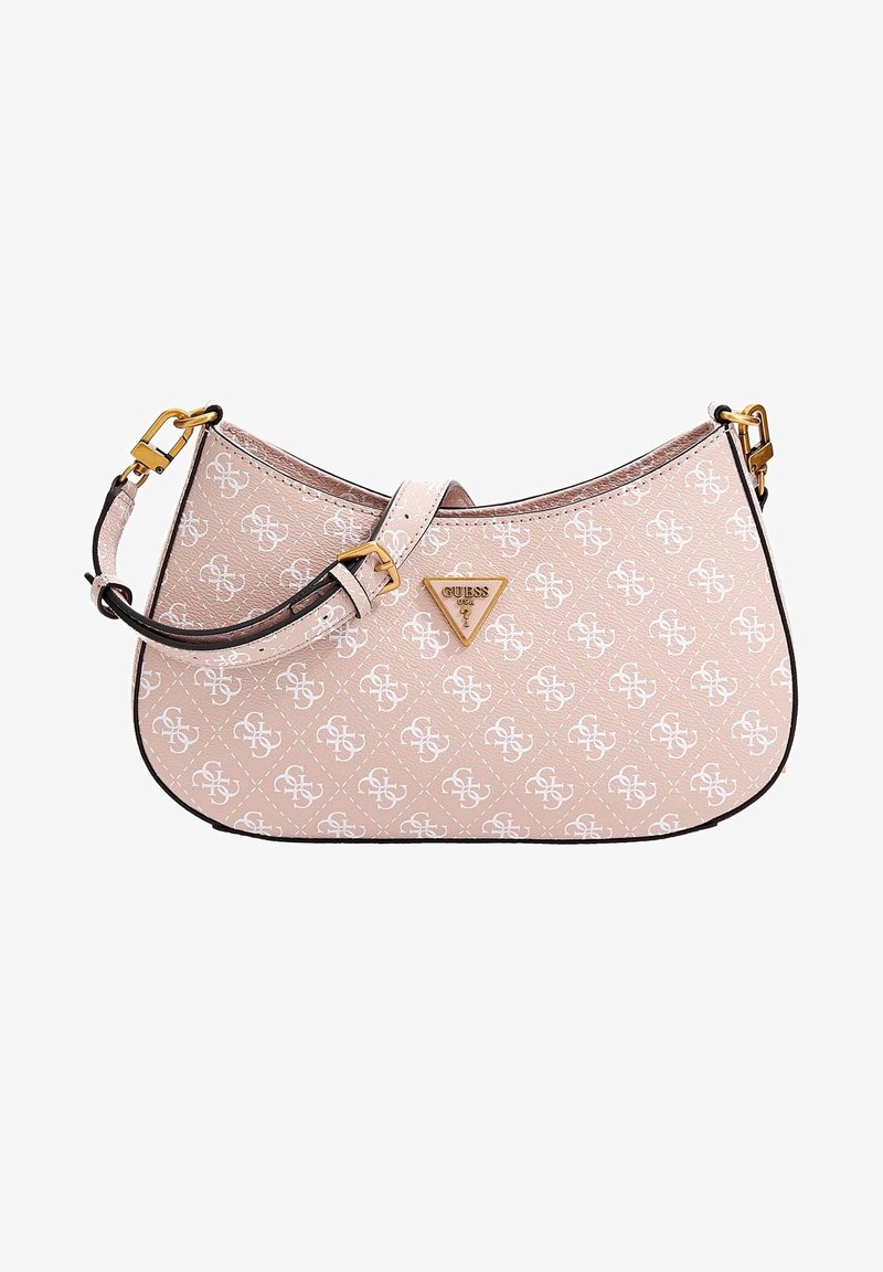 Růžová ramenní taška Guess s bílým monogramovým vzorem, hardware v zlatém tónu, nastavitelným popruhem a trojúhelníkovou značkovou destičkou na přední straně.