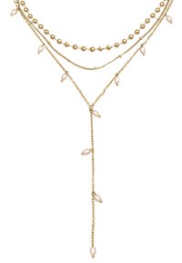 Kullatud kihiline kaelakee, millel on sfäärilised helmestega ja õrnad ketid. Alumise ketiga rippuvad ebaregulaarsed roosad pärlid.