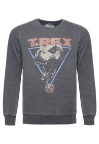 Donkergrijze sweatshirt met lange mouwen, voorzien van een grafisch ontwerp van een T. rex aan de voorkant, met de tekst "T.REX 1993 TOUR" in vervaagd roze en blauw. Geribde manchetten en onderrand.