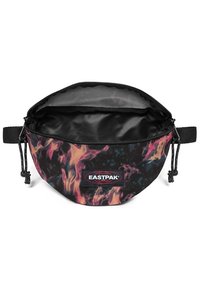 Eastpak pouch in black with vivid abstract flame and bubble patterns. Features a zip closure, a logo patch, and adjustable drawcords.