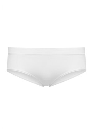 White cotton boyshorts with a smooth waistband, offering a snug fit and seamless edges for comfort and minimal visibility under clothing.
