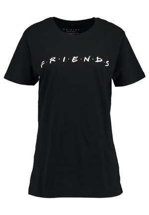 T-shirt in cotone nero con la parola "FRIENDS" scritta in lettere bianche e puntini colorati. Vestibilità standard con maniche corte e scollatura tonda.