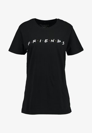 Czarna bawełniana koszulka z krótkim rękawem, na której znajduje się napis "PRZYJACIELE" białymi literami oraz kolorowymi kropeczkami. Standardowy krój z okrągłym dekoltem.