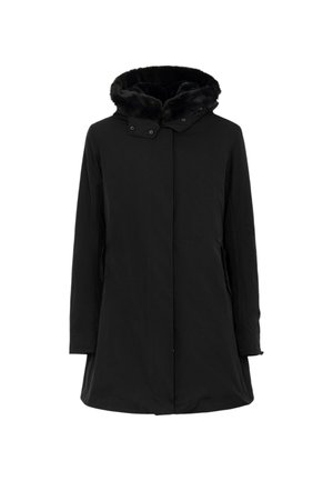 Parka nera con cappuccio foderato in pelliccia sintetica, chiusura frontale a pressione e tasche laterali. Il tessuto ha una texture liscia e una silhouette dritta.