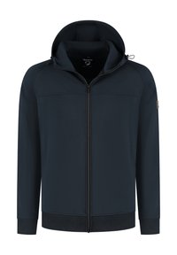 Sweat à zip bleu marine avec un col haut, en tissu doux, avec des poignets et un ourlet côtelés, et un accent de logo sur la manche gauche.