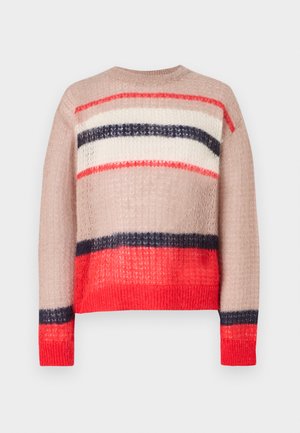 Pull en tricot à coupe ample, orné de rayures rouge, marine, crème et beige. Tissu texturé avec un col et un ourlet côtelés.