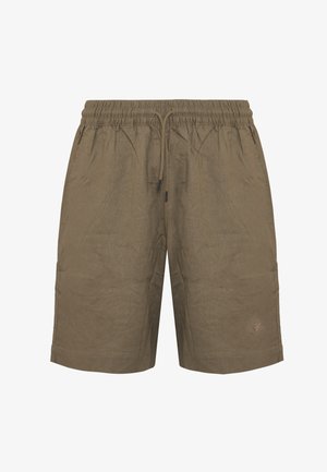 Pantaloni shorts khaki realizzati in tessuto leggero, con vita elastica, cordino regolabile, tasche laterali e un sottile logo decorativo.