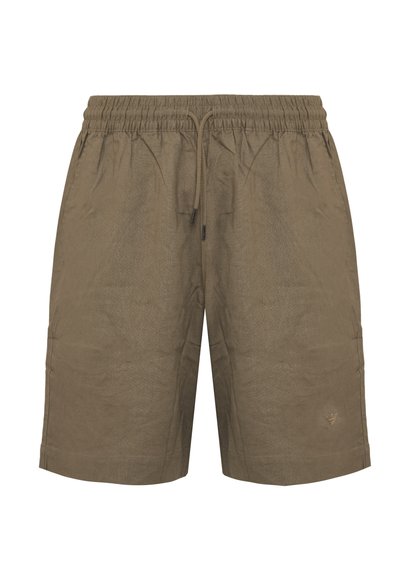Pantaloni shorts khaki realizzati in tessuto leggero, con vita elastica, cordino regolabile, tasche laterali e un sottile logo decorativo.