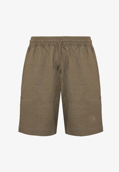 Pantaloni shorts khaki realizzati in tessuto leggero, con vita elastica, cordino regolabile, tasche laterali e un sottile logo decorativo.