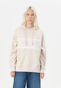 Beige Kapuzenpullover mit subtilen geometrischen Mustern, ausgestattet mit einer Fronttasche, gerippten Bündchen und einem kontrastierenden weißen Streifen mit Logodetail.