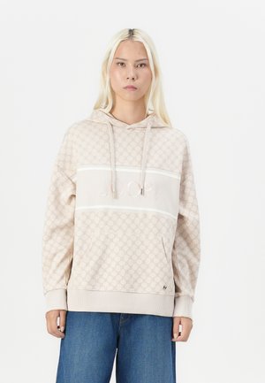 Beige Kapuzenpullover mit subtilen geometrischen Mustern, ausgestattet mit einer Fronttasche, gerippten Bündchen und einem kontrastierenden weißen Streifen mit Logodetail.