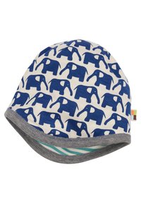 Beanie di cotone con base bianca e motivo a elefante blu, risvolto grigio e fodera interna a righe. Leggero e con una texture morbida.