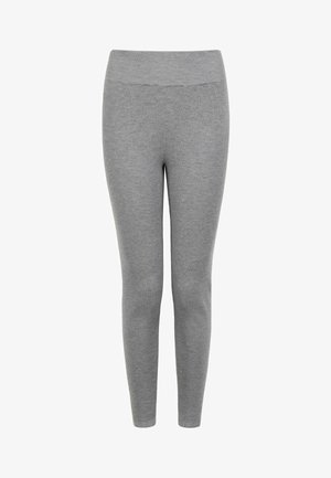 Leggings en maille côtelée grise avec une taille haute, longueur complète et une coupe près du corps de la taille jusqu'aux chevilles.