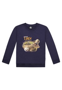 Marineblaue Langarm-Sweatshirt aus Baumwolle mit einem T. rex-Grafik, gelbem Text und einem Dinosaurier-Logo.