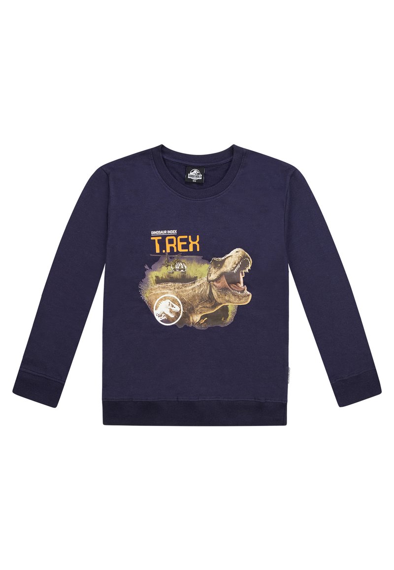 Marineblaue Langarm-Sweatshirt aus Baumwolle mit einem T. rex-Grafik, gelbem Text und einem Dinosaurier-Logo.