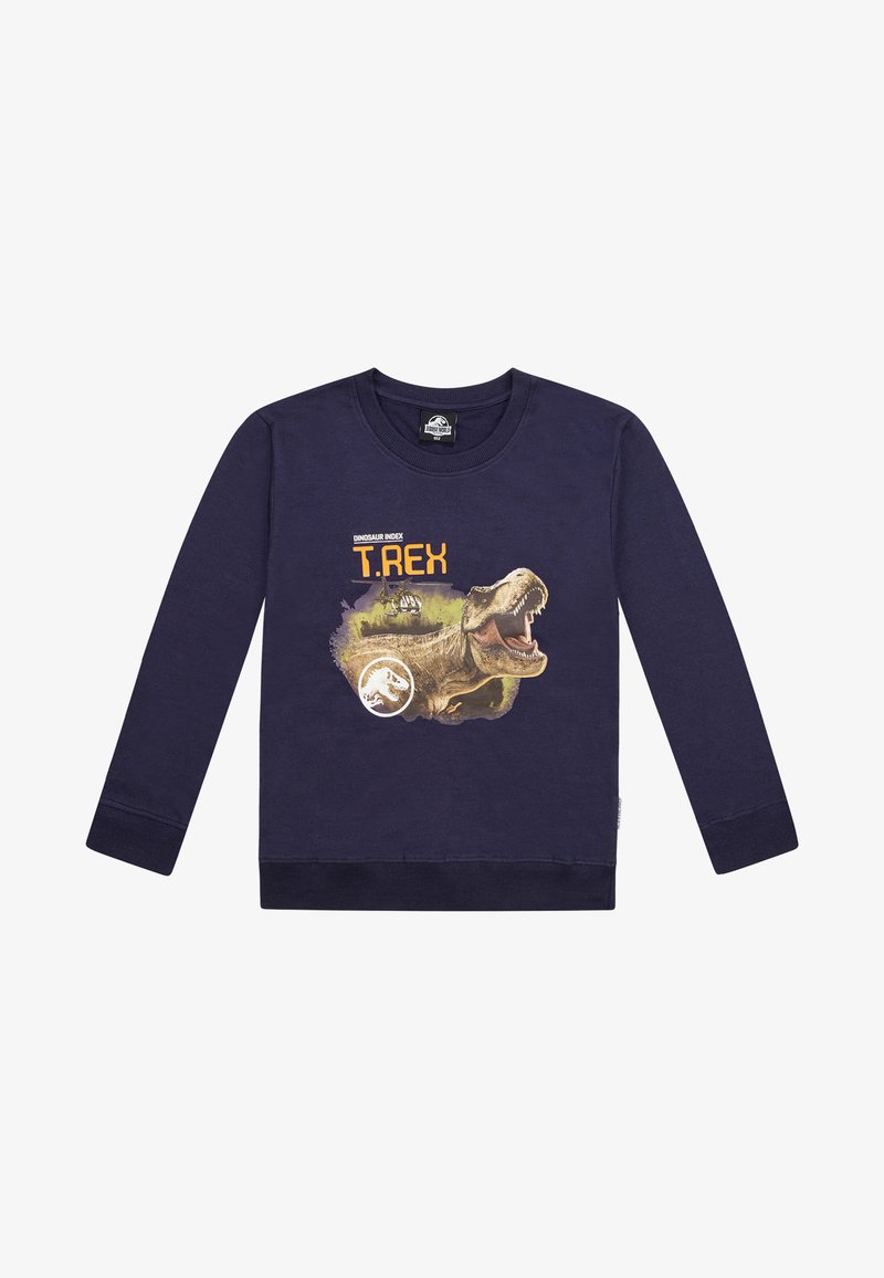 Felpa a maniche lunghe blu navy in cotone, con una grafica di T. rex accompagnata da testo giallo e un logo di dinosauro.