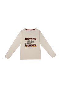 Maglietta a maniche lunghe color crema con il testo "Hogwarts è la mia casa", illustrazione del castello di Hogwarts e grafica di libri impilati sul fronte.