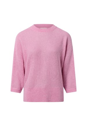 Rosa Pullover mit geripptem Ausschnitt und Saum, Dreiviertelärmeln und einem weichen, strukturierten Stoff. Lockere Passform und mittellanges Design.