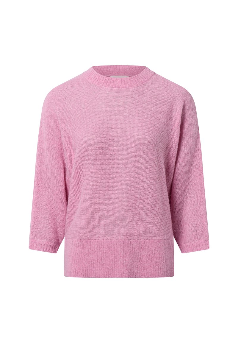 Rosa Pullover mit geripptem Ausschnitt und Saum, Dreiviertelärmeln und einem weichen, strukturierten Stoff. Lockere Passform und mittellanges Design.