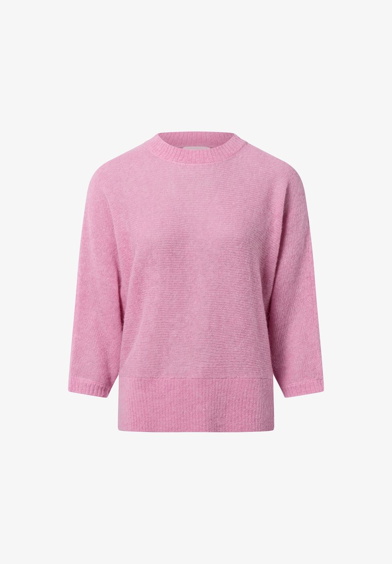 Rosa Pullover mit geripptem Ausschnitt und Saum, Dreiviertelärmeln und einem weichen, strukturierten Stoff. Lockere Passform und mittellanges Design.