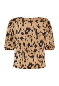 T-shirt med kortærmer og rund hals, fremstillet af brunt stof med et sort leopardprint og puffede skuldre med samlinger.