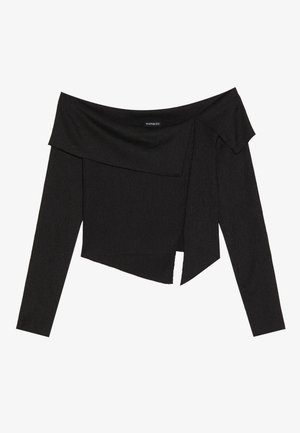 Top negru cu umeri goi, cu mâneci lungi, cu un design stratificat și o margine ușor scurtă. Fabricat din material ribbed.