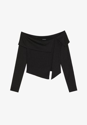 Black off-the-shoulder top with long sleeves, featuring a layered design and a slightly cropped hem. Made from ribbed material.