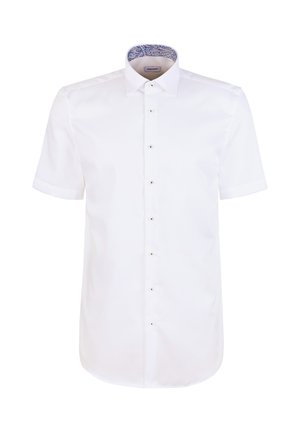 Weißes Hemd mit kurzen Ärmeln und Knopfleiste, mit einem Hemdkragen und blauem Paisley-Muster auf der Innenseite des Kragens.